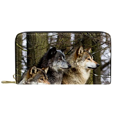 NLWQEKV Leder-Geldbörse für Herren, große Damen-Geldbörse für Karten, Wolf-Wildtier, Münzfach mit Reißverschluss von NLWQEKV