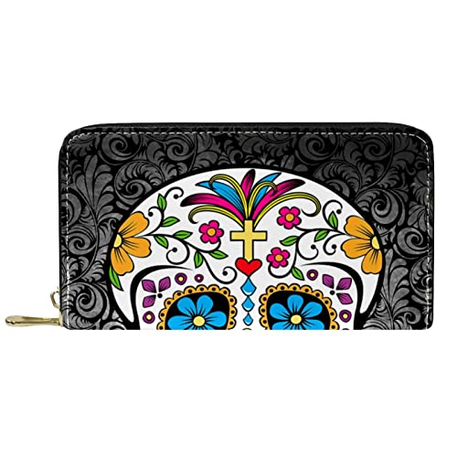NLWQEKV Leder-Geldbörse für Herren, große Damen-Geldbörse für Karten, Zuckerschädel und Blumenschädel, Münzfach mit Reißverschluss von NLWQEKV