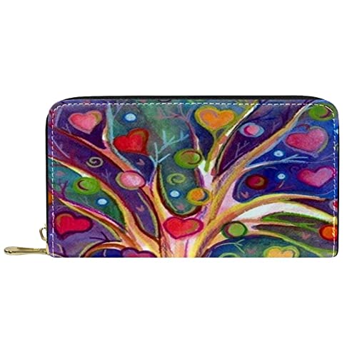 NLWQEKV Leder-Geldbörse für Herren, große Damen-Geldbörse für Karten, bunter Liebesherzbaum, Münzfach mit Reißverschluss von NLWQEKV