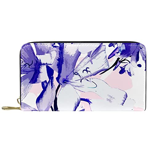 NLWQEKV Leder-Geldbörse für Herren, große Damen-Geldbörse für Karten, lila Aquarellblumen, Münzfach mit Reißverschluss von NLWQEKV