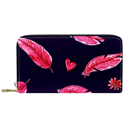 NLWQEKV Leder-Geldbörse für Herren, große Damen-Geldbörse für Karten, rosa Federn, Münzfach mit Reißverschluss von NLWQEKV