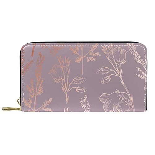 NLWQEKV Leder-Geldbörse für Herren, große Damen-Geldbörse für Karten, roségoldene Blume, Münzfach mit Reißverschluss von NLWQEKV