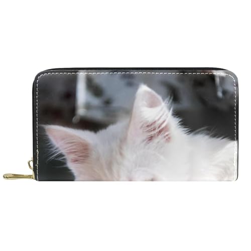 NLWQEKV Leder-Geldbörse für Herren, große Damen-Geldbörse für Karten, weißes Katzenfoto, Münzfach mit Reißverschluss von NLWQEKV