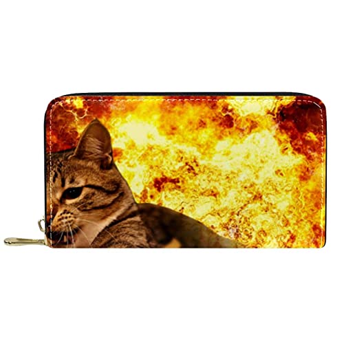 NLWQEKV Leder-Geldbörse mit Reißverschluss, Lange Geldbörse, Katze, Feuer-Geldbörse aus Leder von NLWQEKV