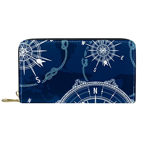 NLWQEKV Leder-Geldbörse mit Reißverschluss, Lange Geldbörse, Kompass, Weltkarte, Portemonnaie aus Leder von NLWQEKV