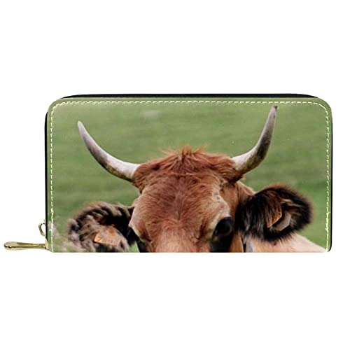 NLWQEKV Leder-Geldbörse mit Reißverschluss, Lange Geldbörse, Tier-Kuh, Bossy Prairie-Geldbörse aus Leder von NLWQEKV