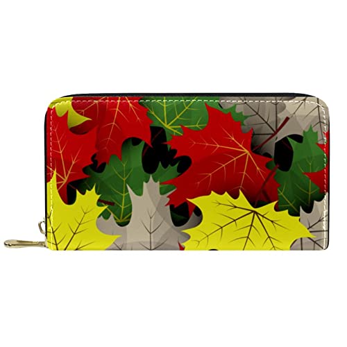 NLWQEKV Leder-Geldbörse mit Reißverschluss, Lange Geldbörse, Vintage-Geldbörse mit Buntem Ahornblatt-Muster, Leder von NLWQEKV