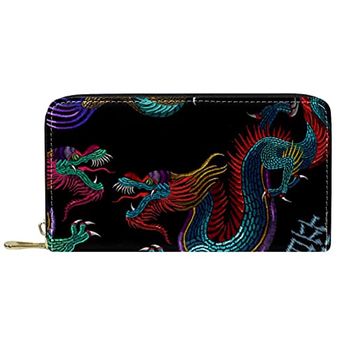 NLWQEKV Leder-Geldbörse mit Reißverschluss, Lange Geldbörse, Vintage-Retro-Stickerei, chinesischer Drache, Leder von NLWQEKV