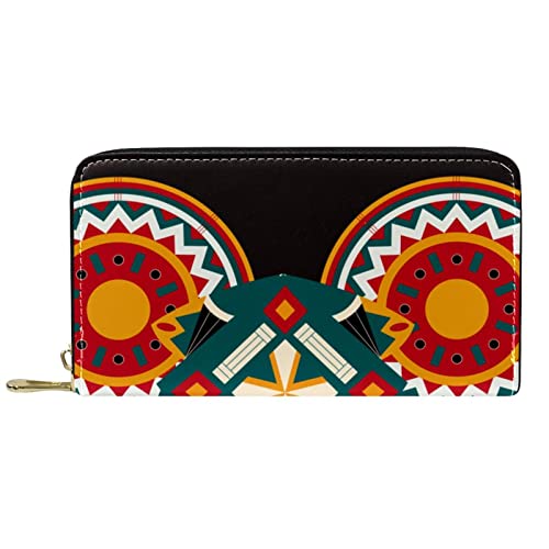 NLWQEKV Leder-Geldbörse mit Reißverschluss, Lange Geldbörse, geometrisch, Boho-Stil, bemalter Elefantenkopf, Leder von NLWQEKV