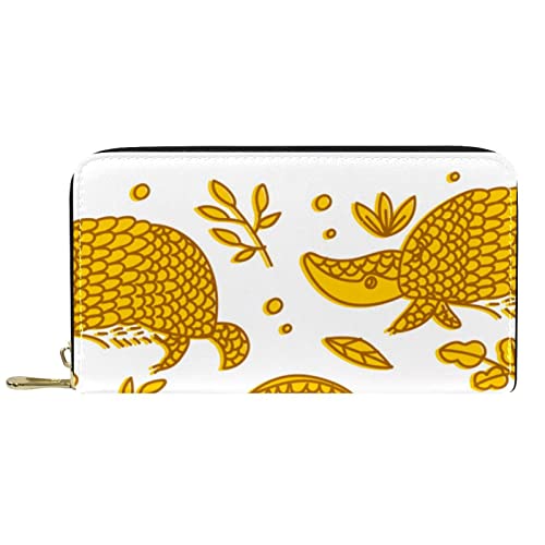 NLWQEKV Leder-Geldbörse mit Reißverschluss, Lange Geldbörse, goldenes Gürteltier, Tiere, Skizzen-Geldbörse aus Leder von NLWQEKV