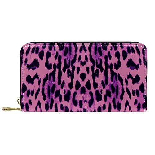NLWQEKV Leder-Geldbörse mit Reißverschluss, Lange Geldbörse, lila, rosa, schwarz, Leopardenmuster, Leder von NLWQEKV