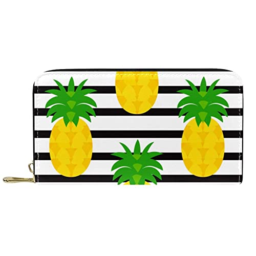 NLWQEKV Leder-Geldbörse mit Reißverschluss, Lange Pinien auf schwarz-weiß gestreiftem Hintergrund, Geldbörse aus Leder von NLWQEKV