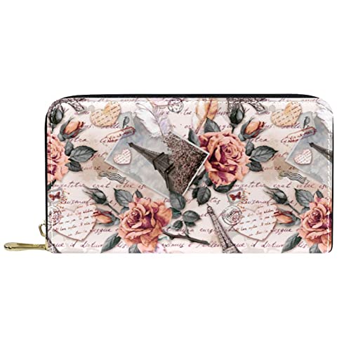 NLWQEKV Leder-Geldbörse mit Reißverschluss, Vintage-Stil, Paris, Eiffelturm und Rose, personalisierbare Geldbörse von NLWQEKV