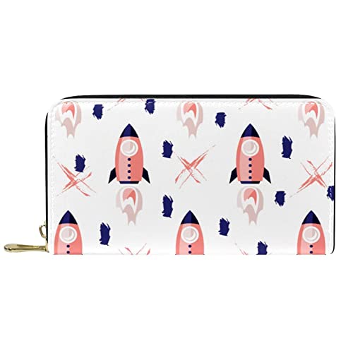 NLWQEKV Leder-Geldbörse mit Reißverschluss, langes Portemonnaie, Universum, Weltraumraketen-Muster, Leder von NLWQEKV