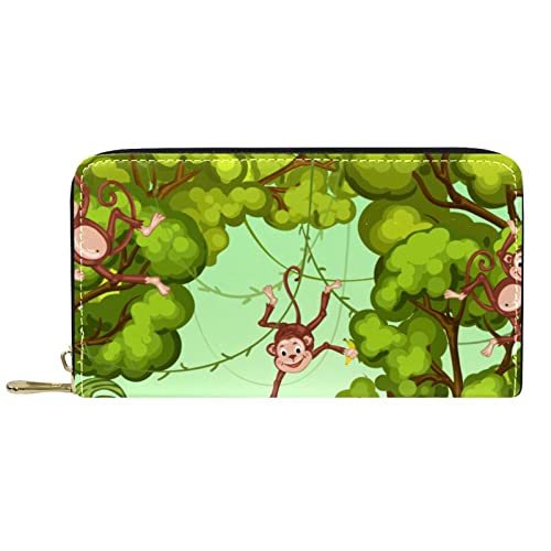 NLWQEKV Leder-Geldbörse mit Reißverschluss, niedlich, lustig, Waldaffen, grüne Blätter, personalisierbar von NLWQEKV