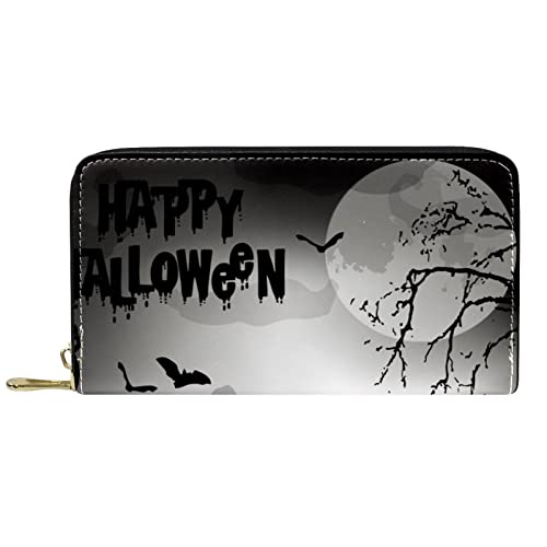 NLWQEKV Leder-Geldbörse mit Reißverschluss, schwarz, Halloween-Nacht, Geist, Katze, Vogelscheuche, Fledermaus, Grab, Geldbörse aus Leder von NLWQEKV