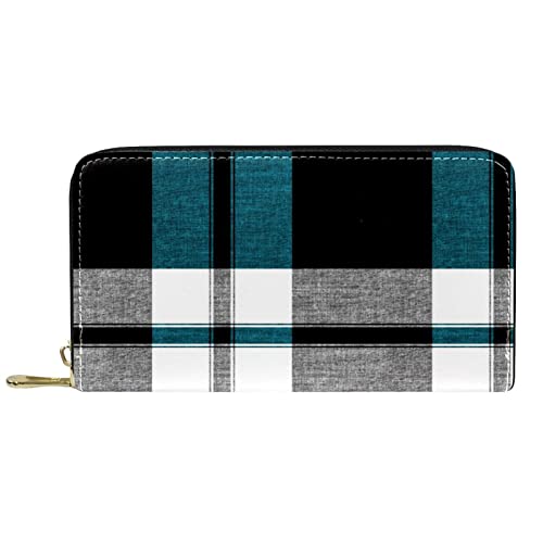 NLWQEKV Leder-Geldbörse mit Reißverschluss, schwarz und blau, schottisches Karo-Geldbörse aus Leder von NLWQEKV