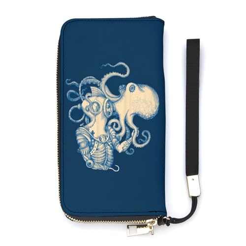 NLWQEKV Oktopus und Astronauten-Armband-Geldbörse, Leder, langes Kartenetui, schmale Clutch-Handtasche für Damen von NLWQEKV