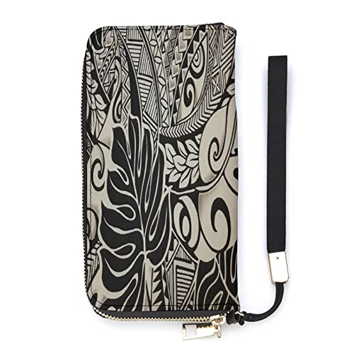 NLWQEKV Polynesian Tattoo Hawaiian Stoff Leder Geldbörse Große Kapazität Clutch Handytasche Geldbörse Kreditkartenetui mit Handschlaufe für Männer Frauen von NLWQEKV