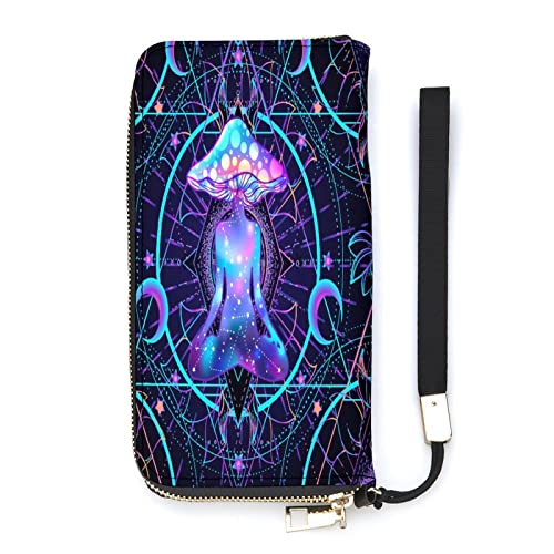 NLWQEKV Psychedelic Magic Mushrooms Leder-Geldbörse, großes Fassungsvermögen, Clutch, Handytasche, Geldbörse, Kreditkartenetui mit Handschlaufe für Männer und Frauen von NLWQEKV