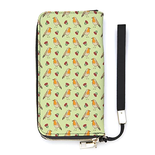 NLWQEKV Robin Redbreast Berries and Leaf Foliage Leder-Geldbörse, großes Fassungsvermögen, Clutch, Handytasche, Geldbörse, Kreditkartenetui mit Handgelenkschlaufe für Männer und Frauen von NLWQEKV