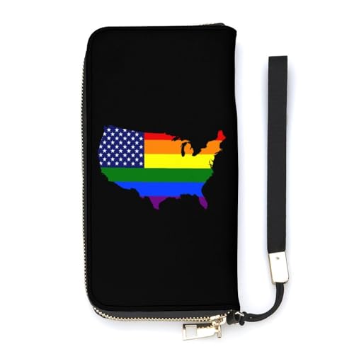 NLWQEKV US Gay Pirde Rainbow Map Flag Handgelenk-Geldbörse, Leder, Langer Kartenhalter, schmale Clutch-Handtasche für Damen von NLWQEKV