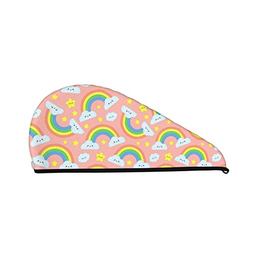 Niedliche Regenbogen-Wolken-Korallen-Samt-Haartrocknungskappen-Handtuch, super saugfähiges, sofortiges Haar-Trockenwickel mit Knopf, Anti-Frizz, weiches Bade-Duschhauben-Kopftuch für Frauen und Damen von NLWQEKV