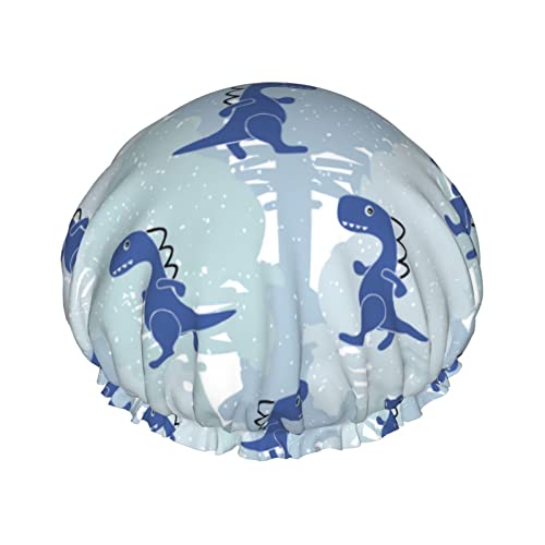 Niedliche blaue Dinosaurier-Duschhaube für Damen, verstellbar, doppelt wasserdicht, Bade-Duschhut, Haarschutz, wiederverwendbar, Damen-Spa-Salon-Duschhut von NLWQEKV