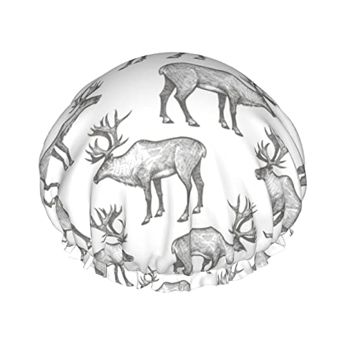 North America Of Reindeer Duschhaube für Damen, wiederverwendbar, doppellagig, wasserdicht, Badekappe, wasserdichte Haarkappe für Damen und Mädchen, langes kurzes Haar von NLWQEKV