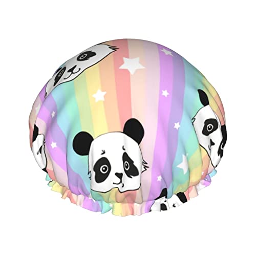 Regenbogen-Panda-Duschhaube für Damen, verstellbar, doppelt wasserdicht, Bade-Duschhut, Haarschutz, wiederverwendbar, Damen-Spa-Salon-Duschhut von NLWQEKV