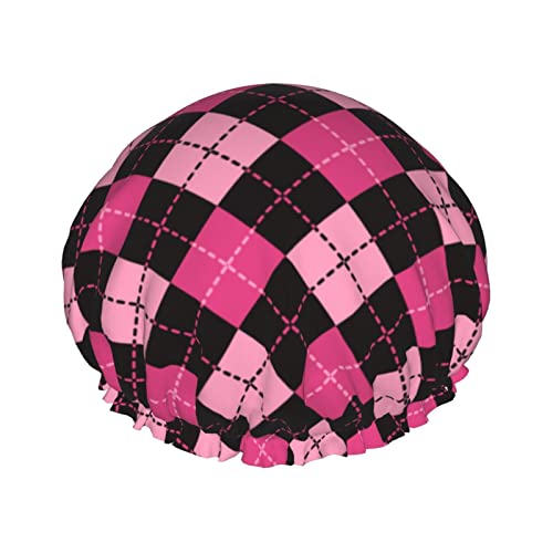 Rosa und schwarze Argyle-Duschhaube für Damen, wiederverwendbar, doppellagig, wasserdicht, Badekappe, wasserdichte Haarhaube für Damen und Mädchen, langes kurzes Haar von NLWQEKV