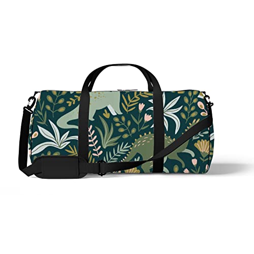 Sport- und Fitnessstudio-Reisetasche für Yoga, Tanzen, Übernachtungs-Weekend-Reisetasche, Dinosaurier, grüne Blätter, Blumen, Workout, Handgepäck-Umhängetasche für Damen und Herren von NLWQEKV