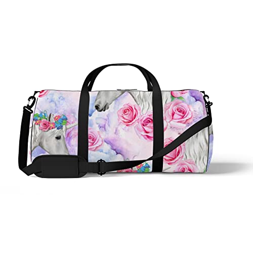 Sport- und Fitnessstudio-Reisetasche für Yoga, Tanzen, Übernachtungs-Weekend-Reisetasche, Einhorn-Rosa-Rose, Workout-Tragetasche für Damen und Herren von NLWQEKV