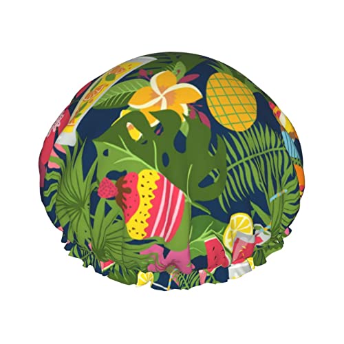 Tropical Fruit Plam Flamingo-Duschhaube für Damen, verstellbar, doppellagig, wasserdicht, Bade-Duschhut, Haarschutz, wiederverwendbar, Damen-Spa-Salon-Duschhut von NLWQEKV