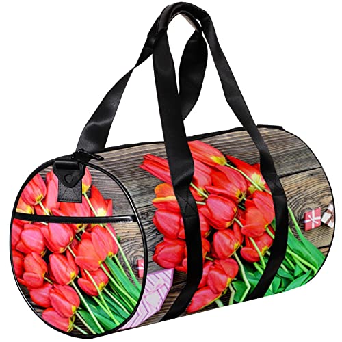 Turnbeutel, kleine Reisetasche, Sporttasche für Yoga, Tulpen auf Holzbrettern, Outdoor-Fitnesstasche, Handgepäcktasche von NLWQEKV