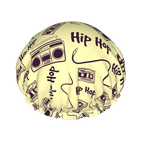 Vintage Old Music Hip Hop Elements Duschhaube für Damen, wiederverwendbar, doppellagig, wasserdicht, Badekappe, wasserdichte Haarkappe für Damen und Mädchen, langes kurzes Haar von NLWQEKV