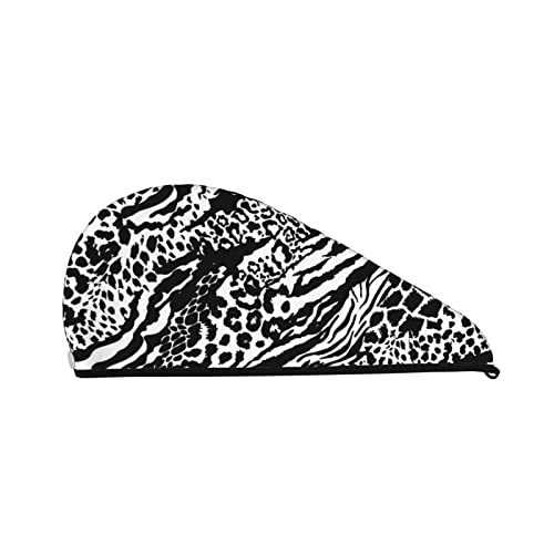 Weißes schwarzes Tierhaut-Druck-Korallensamt-Haartrocknungshauben-Handtuch, super saugfähiges, sofortiges Haartrockenwickel mit Knopf, Anti-Frizz-weiches Bad-Duschhauben-Kopftuch für Frauen und Damen von NLWQEKV