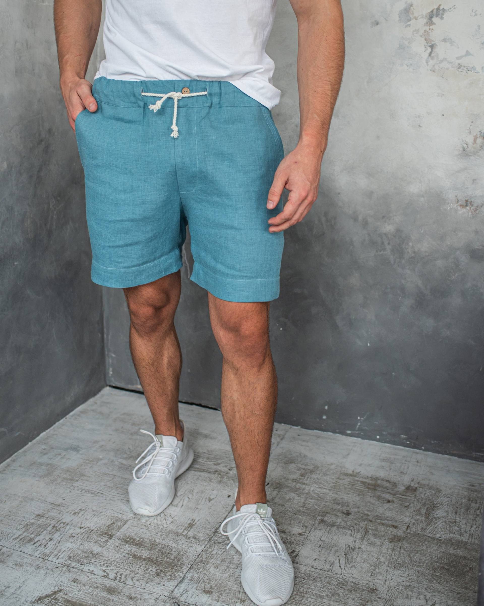 Herren Leinen Shorts, Shorts Mit Taschen, Frühlingsshorts, Blaue Leinenshorts, Für Männer, Männer Bio Kleidung, Strand Bermuda von NLcozyHome