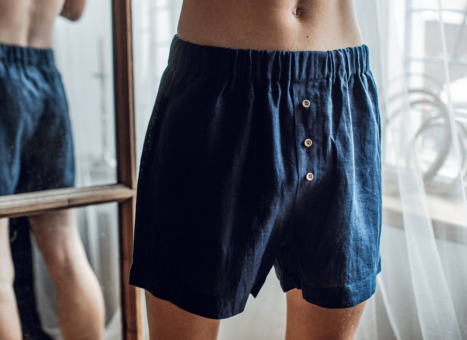 Leinen Schlafshorts, Bio-Männerunterwäsche, Blaue Baumwoll-Boxershorts, Pyjama-Shorts, Geschenk Zum Valentinstag von NLcozyHome