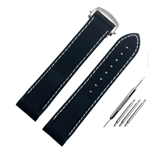 NMASDUYPU 20 mm 22 mm gebogenes Gummi-Uhrenarmband for Omega Seamaster 300 Hamilton Tudor Water Ghost, wasserdichtes Armband(Blue white-silver,21mm) von NMASDUYPU