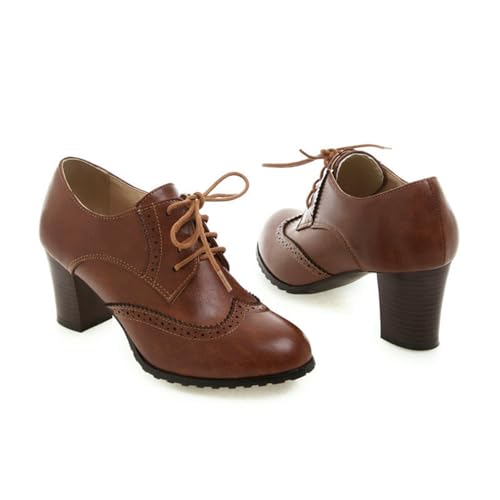 Britische Damen Pumps mit hohem Blockabsatz und Laubsägenmuster grün-grau runde Zehenpartie Brogues Kleid Bürodame Oxfords Retro adrette Schnürschuhe Derby-Braun-39 von NMMAX