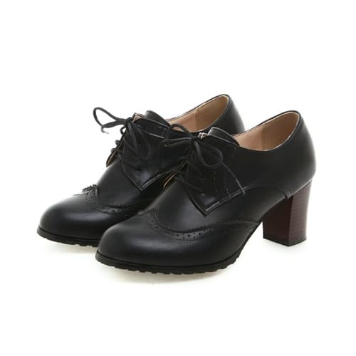 Britische Damen Pumps mit hohem Blockabsatz und Laubsägenmuster grün-grau runde Zehenpartie Brogues Kleid Bürodame Oxfords Retro adrette Derbys zum Schnüren-schwarz-38 von NMMAX
