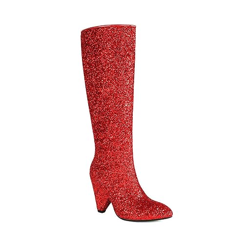 NMMAX Damen Spitze Zehen Glitzer Stiefel Mode Bling Solide Dicke High Heels Stiefel Frauen Party Nachtclub Sexy Frauen Schuhe,Rot,EU 39 von NMMAX