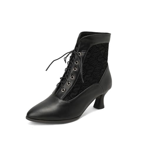 NMMAX Damen Stiefeletten im viktorianischen Stil weiß schwarz Bestickt hoher Kitten Heel Retro-Partykleid Spitze Zehenpartie Schnürstiefelette Kurze Stiefel-schwarz-43 von NMMAX