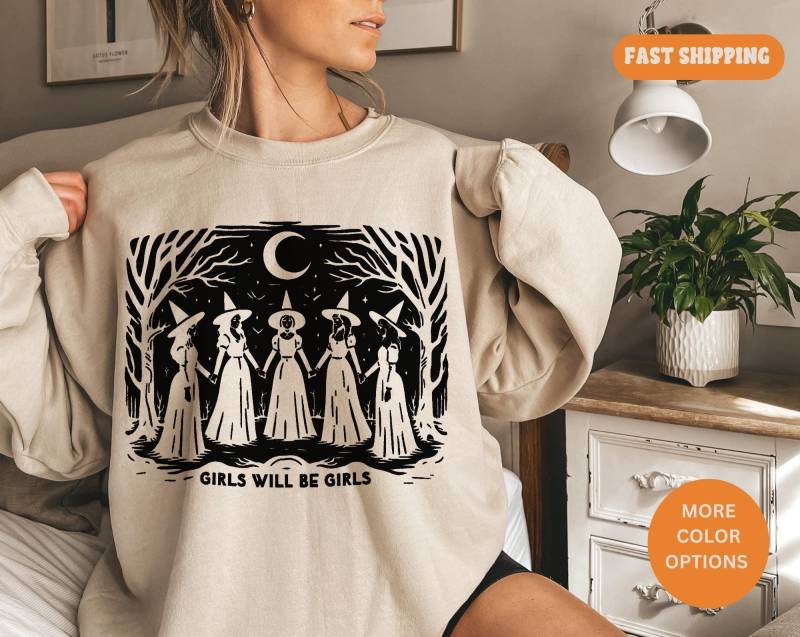 Vintage Mädchen Werden Hexe Sweatshirt, Lustige Halloween Frauen Witchy Vibes Sweatshirt von NMSCharms