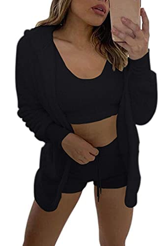 NMSLC Frauen Fluffy Crop Top Teddy Coat Shorts Sets 3Pcs / Set Loungewear L Black von NMSLC