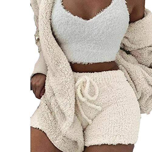 NMSLC Frauen Fluffy Crop Top Teddy Coat Shorts Sets 3Pcs / Set Loungewear L White von NMSLC