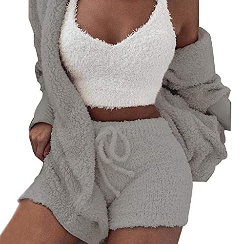 NMSLC Frauen Fluffy Crop Top Teddy Coat Shorts Sets 3Pcs / Set Loungewear M Grey von NMSLC