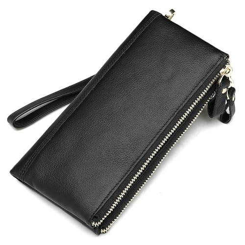 NMVAWIPT Männer Mit Großer Kapazität Dual Reißverschluss Taschen Retro Echte Lederbrieftasche, Business Casual Clutch, Multi-Card-Münzgeldbeutel(Black) von NMVAWIPT