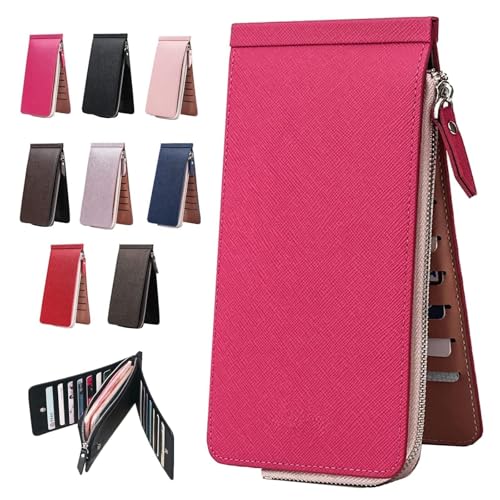 NMVAWIPT Multifunktionale Damen-Geldbörse Aus Leder Mit Zweifachem Reißverschluss Und Langem Reißverschluss, Kreditkartenhalter Mit 26 Kartenfächern, Platz for Ihr Telefon(Rose Red) von NMVAWIPT